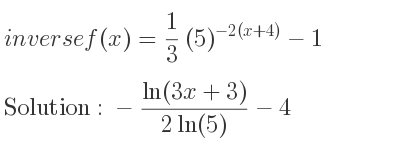 The inverse of f(x)= 1/3 (5)^{-2(x+4)}-1 is -(ln(3x+3))/(2ln(5))-4